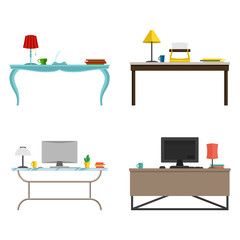 Fototapete - A set of furniture for the cabinet. desk workplace In different styles Vector flat illustration