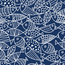 Cute Fish.  Kids Line Background. Seamless Pattern. Can Be Used In Textile Industry, Paper, Background, Scrapbooking.