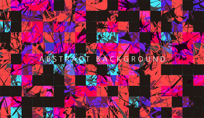Wall Mural - Abstract background with elements of cobwebs and strokes. sharp forms of paints and stains on the background of square tiles. Aggressive vector design. orange, pink, blue colors