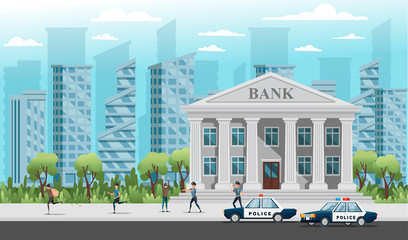 Bank robbery the police are trying to catch the robbers vector illustration on modern city landscape good sunny day with blue sky and clouds background