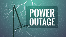 No Power Concept. No Electricity Illustration. Damaged Power Line By Bad Weather. Broken Utility Pole With Torn Wires. Rain And Lightning With Big Text: Power Outage