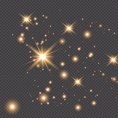 Wall Mural - Set of gold glowing light effects isolated on dark background. Glow light effect. Star exploded sparkles.