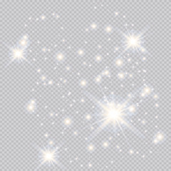 Wall Mural - Set of gold glowing light effects isolated on transparent background. Glow light effect. Star exploded sparkles.