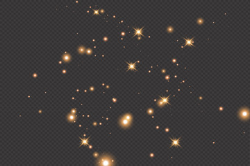 Set of gold glowing light effects isolated on dark background. Glow light effect. Star exploded sparkles.