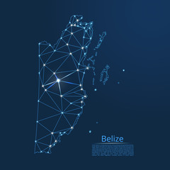 Poster - Belize communication network map. Vector low poly image of a global map with lights in the form of cities in or population density consisting of points and shapes in the form of stars and space.