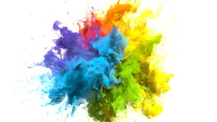 Color Burst iridescent multicolored colorful rainbow smoke powder explosion fluid ink particles slow motion alpha matte isolated on white