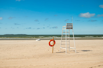 Lifeguard tower and lifering on beautiful sandy beach Yyteri at summer, in Pori, Finland