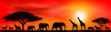 Savanna Animals On A Background Of A Sunset Sun.Silhouettes Of Wild Animals Of The African Savannah. African Landscape With Animals And Trees At Sunset 
