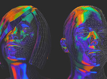 Male And Female Human Head In Side View In Futuristic Low Poly Style - 3d Illustration