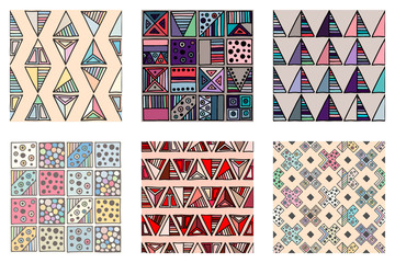 Wall Mural - Seamless vector pattern. geometrical background with hand drawn decorative tribal doodle elements. Print with ethnic, folk, geometrical motifs. Graphic geometric illustration, squres, dots, rectangles