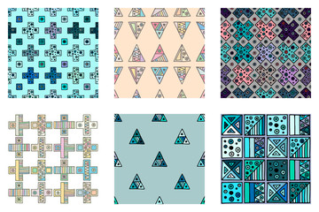 Wall Mural - Seamless vector pattern. geometrical background with hand drawn decorative tribal doodle elements. Print with ethnic, folk, geometrical motifs. Graphic geometric illustration, squres, dots, rectangles