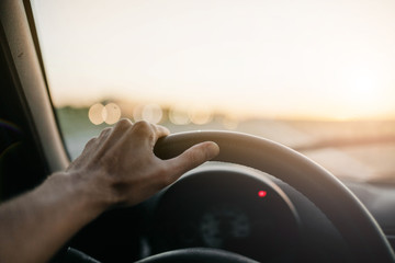 Wall Mural - Concept of driving a car. The hands of the driver on the steering wheel on a sunny day.