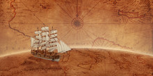 Old Sailing Ship On An Old World Map. Concept Of Sea Adventure Expedition.