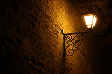 Old Vintage Street Lantern On A Brick Wall, Night Background, Victorian Vintage Style