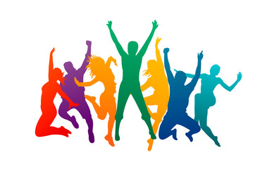 Wall Mural - Colorful happy group people jump vector illustration silhouette. Cheerful man and woman isolated. Jumping fun friends background. Expressive dance dancing, jazz, funk, hip-hop