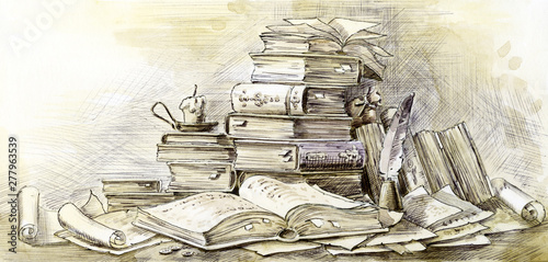Ancient Tomes And Scrolls Open Book Antiquarian Book Ink Drawing On Paper Old Books Book Volumes And Scrolls Stock Illustration Adobe Stock