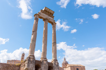 Temple of Castor and Pollux, Italian: Tempio dei Dioscuri. Ancient ruins of Roman Forum, Rome, Italy