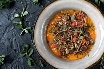 Sticker - dish of purslane. potulak-edible useful weed. stalks of purslane stewed with tomatoes. Turkish, Greek, Mexican cuisine. eat the weeds, wild food. Omega-3