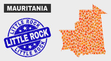 Vector Collage Of Fire Mauritania Map And Blue Round Grunge Little Rock Seal Stamp. Orange Mauritania Map Mosaic Of Flame Symbols. Vector Collage For Guard Services, And Little Rock Rubber Imitation.