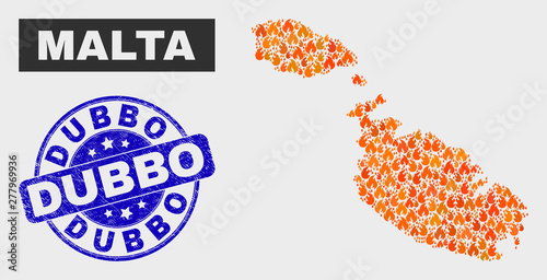 Vector Collage Of Flame Malta Map And Blue Rounded Scratched Dubbo Seal Stamp Fiery Malta Map Mosaic Of Flame Symbols Vector Collage For Safety Services And Dubbo Seal Buy This Stock