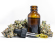 Leinwandbild Motiv CBD Hemp Oil with Marijuana Buds on White Background