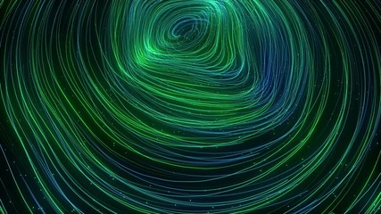 Poster - Neon field flow. Glowing green and blue lines and light particles. Swirls trails. 4k abstract background for web. Technology abstract animation
