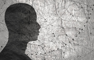 Wall Mural - Silhouette of a man head. Mental health relative brochure, report or flyer design template. Scientific medical designs. Connected lines with dots.