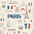 Vector seamless pattern on France and Paris theme with drawings, inscriptions, architectural landmarks, map and flag of French republic in retro style. Can be used as wallpaper, wrapping paper, fabric