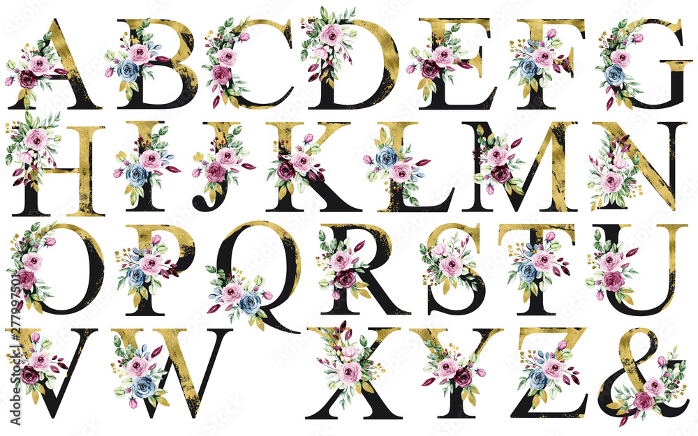 Floral alphabet set, letters with watercolor flowers and leaf. Gold and ...