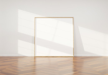 Wall Mural - Wooden frame leaning in bright white interior with wooden floor mockup 3D rendering