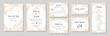 © Likanaris - Wedding invitation collection with save the date, rsvp, menu, table number and name card vector templates. Elegant invitations set with gold floral motives and gray marble texture.