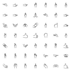 Hand gestures line icons set. linear style symbols collection outline signs pack. vector graphics. Set includes icons as Thumb up, Forefinger showing right, Greeting hand, Framing hands, Middle finger