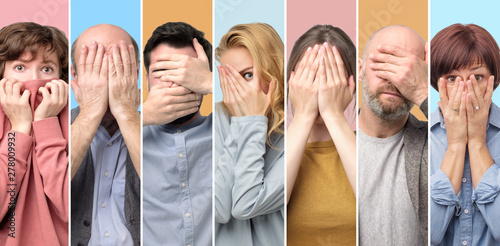 Fotografía Collage of women and men covering face with hands over