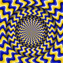 Abstract Round Frame With A Rotating Blue Yellow Wavy Pattern. Optical Illusion Hypnotic Background.
