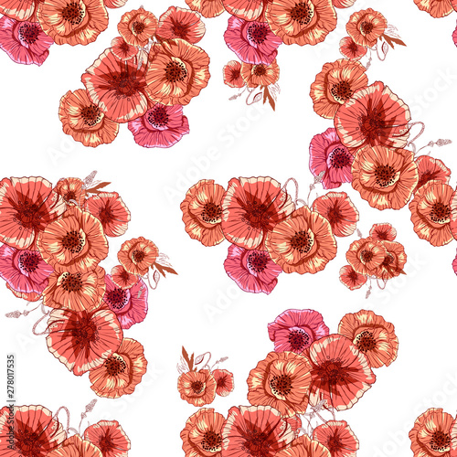 Poppy Flower Line Art Botanical Seamless Vector Texture Colorful Poppy Flower Line Art Botanical Seamless Vector Texture Colorful