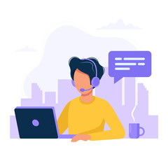 Aufkleber - Customer service, man with headphones and microphone with computer. Concept illustration for support, assistance, call center. Vector illustration in flat style