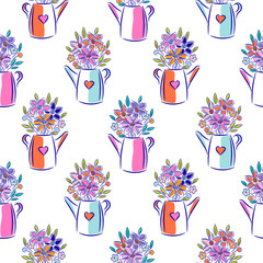 Wall Mural - Flowers in watering can bright colors seamless vector pattern.