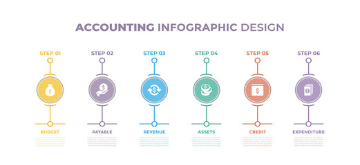 Wall Mural - Modern design elements for Accounting concept Multicolor infographics.Timeline with 6 steps, options, Circles. Vector template