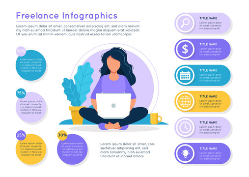 Freelance infographics. Woman with a laptop, different data colorful elements. Vector illustration template in flat style