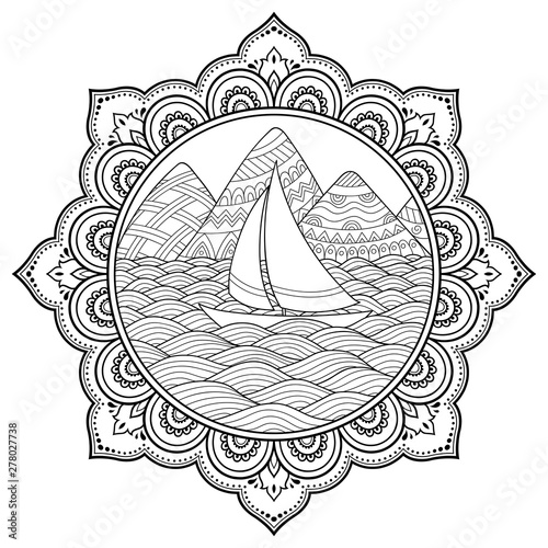 Download Doodle Pattern In Black And White Landscape Mountains Rivers Hills Sea Boat Yacht Shore Sail Wave Ocean Coloring Book For Children Circular Ornament In Form Of Mandala Stock Vector Adobe Stock