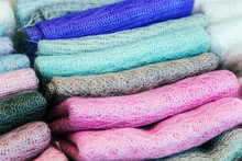 Wool Fabrics Of Different Colors In The Shop Or Factory. Textile Production