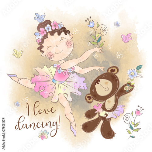 Dekoracja na wymiar  dziewczynka-baleriny-taniec-z-niedzwiedziem-kocham-tanczyc-napis-wektor
