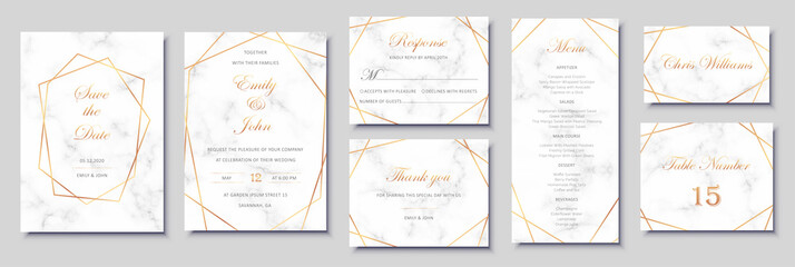 elegant wedding invitations set with golden geometric frames and gray marble texture. luxury invitat