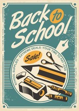 Back To School Promotional Retro Poster Design With School Supplies