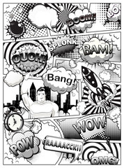 Wall Mural - Black and white comic book page divided by lines with speech bubbles, rocket, superhero and sounds effect. Vector illustration