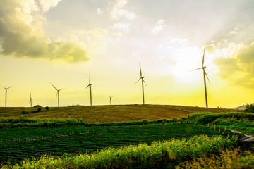Wall Mural - landscape mountain view with windmills on the hill with sunset sky, wind turbine generator to build 