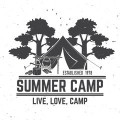 Summer camp. Vector. Concept for shirt or logo, print, stamp or tee. Vintage typography design with camper tent, pot on the fire, axe, sky and forest silhouette.