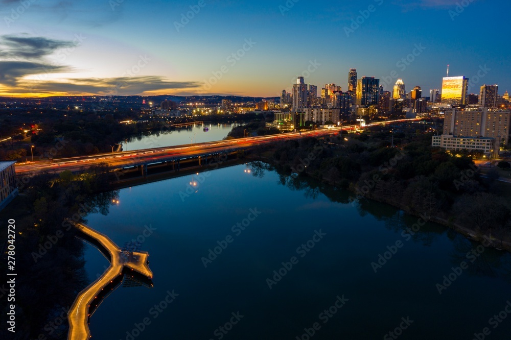 Austin Skyline at Night with Boardwalk Reflection on Lady Bird Lake ...