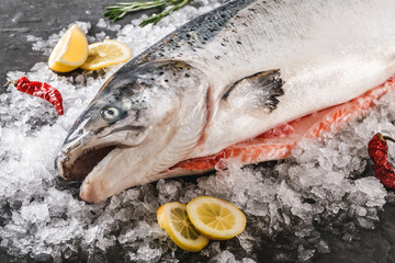 Wall Mural - Fresh raw salmon red fish with spices on ice over dark stone background. Creative layout made of fish, seafood