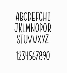 Wall Mural - Vector hand-drawn simple thin lettering alphabet. Capitals and digits only. Doodle calligraphy typeset